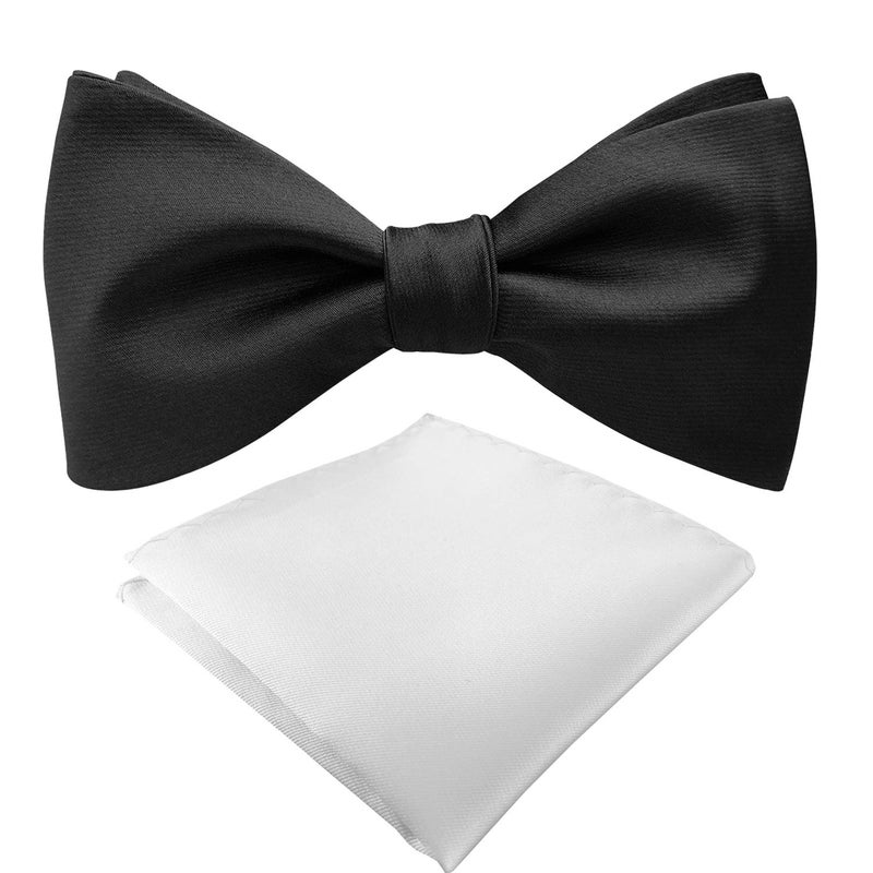 KOOELLE Mens Premium Silky Bowties Tuxedo Solid Colors Bow Ties & Pocket Square Set (Black Bowtie + White Hanky) - Image 2